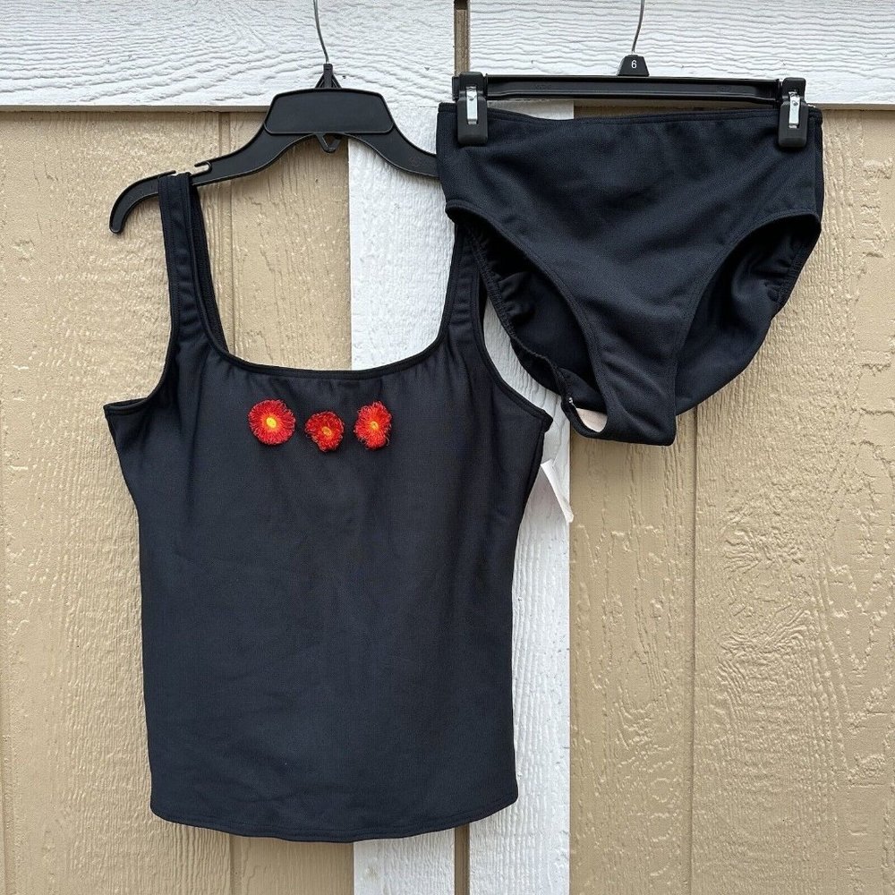 New St Tropez 2 Pc Swim Suit Bikini Women’s Size 10 Vintage Y2K Black 3d Flowers
